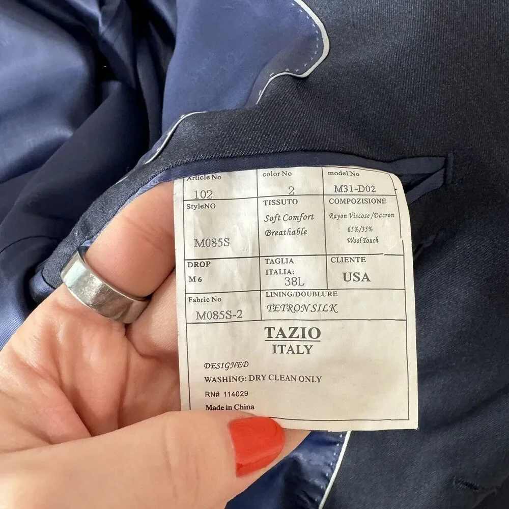 Tazio Italy Mens Suit Jacket 38L Blue Wool Ultra Slim Fit Blazer Formal Evening‎
